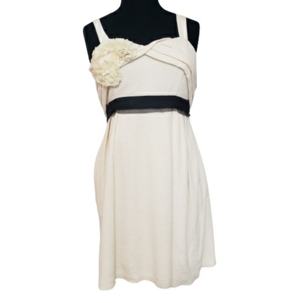 Deletta Cream Ivory Beaded  Rosette Waffle Textured Cotton Dress Large Coquette